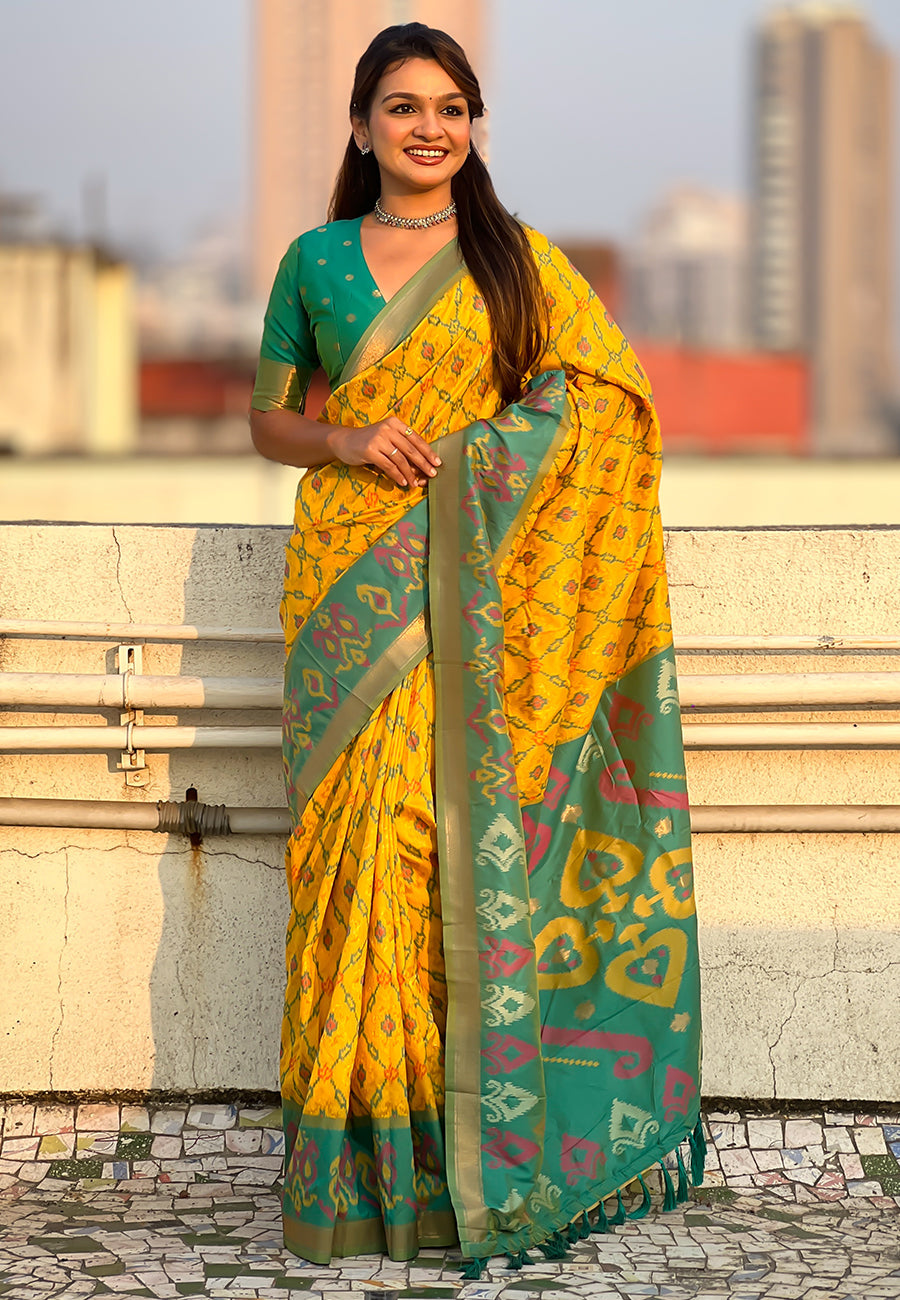 Yellow Soft Silk Zari Woven Patola Saree with Contrast Weaves