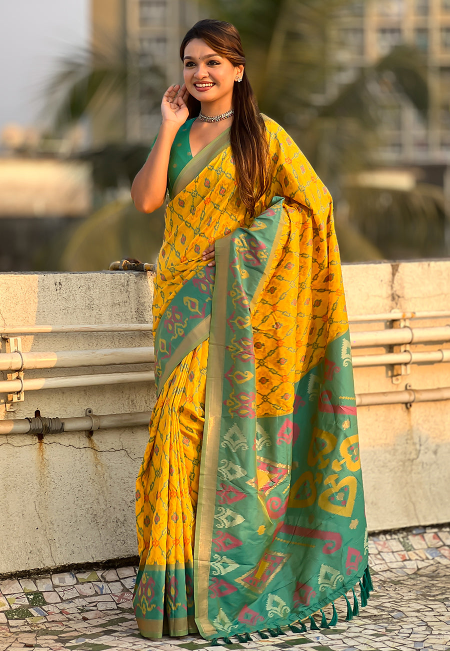 Yellow Soft Silk Zari Woven Patola Saree with Contrast Weaves