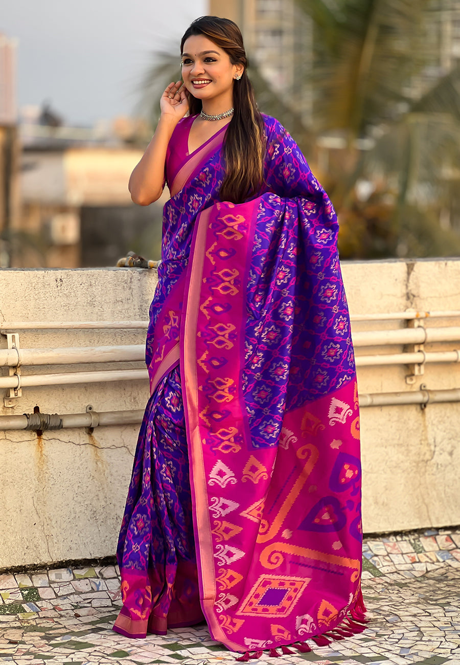 Violet Soft Silk Zari Woven Patola Saree with Contrast Weaves