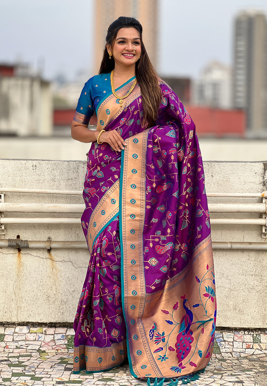 Wine Paithani Jaal Silk Zari Woven Saree