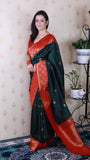 Bottle Green Soft Silk Banarasi Wavy Unique Zari Woven Saree