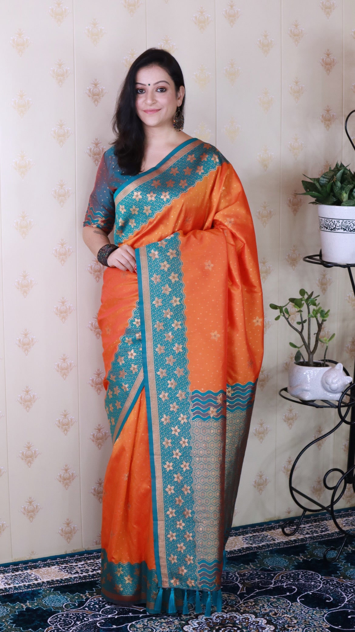 Orange Soft Silk Banarasi Wavy Unique Zari Woven Saree