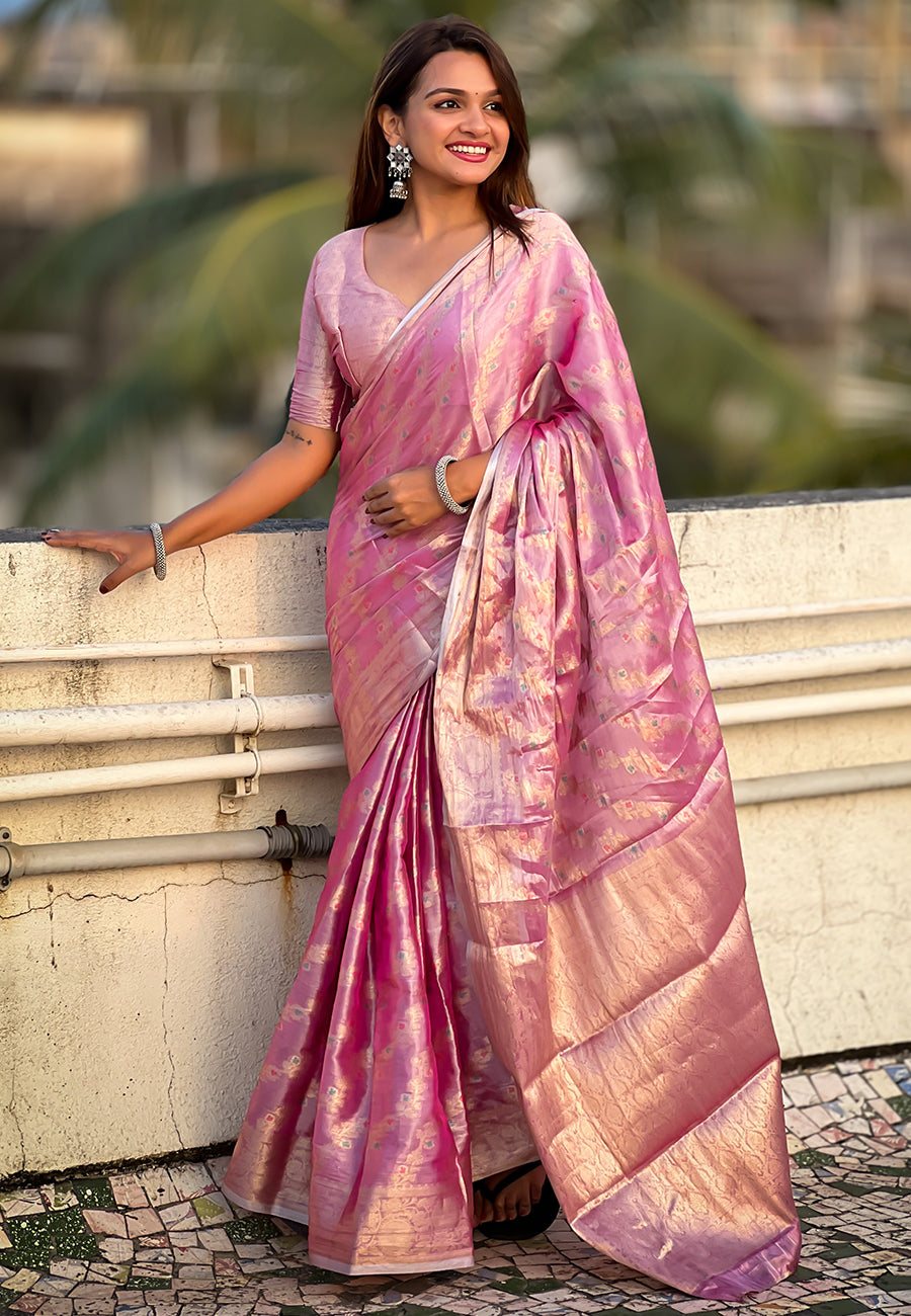 Pink Kanjivaram Soft Tissue Silk Leheriya Traditional Zari Woven Saree
