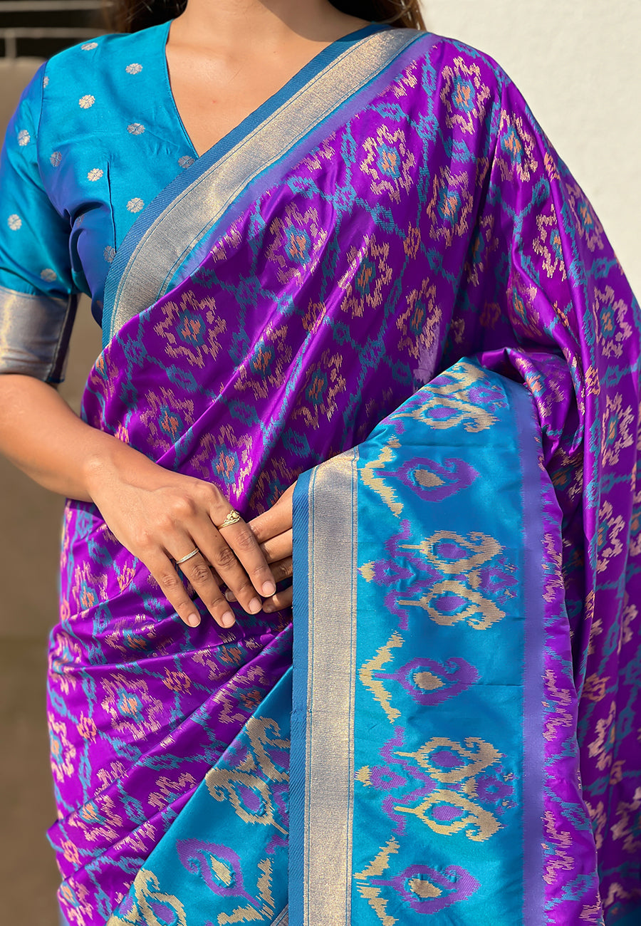 Purple Soft Silk Zari Woven Patola Saree with Contrast Weaves