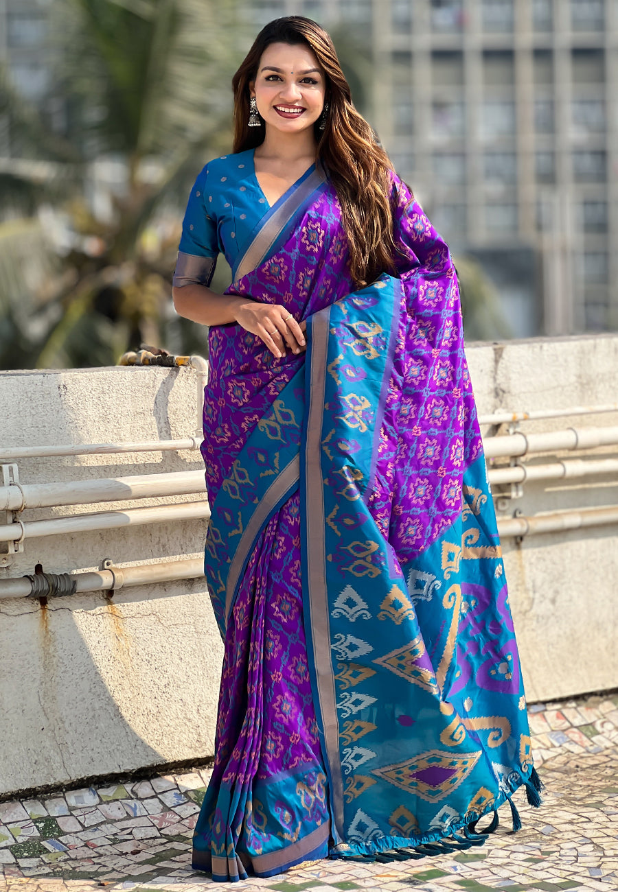 Purple Soft Silk Zari Woven Patola Saree with Contrast Weaves