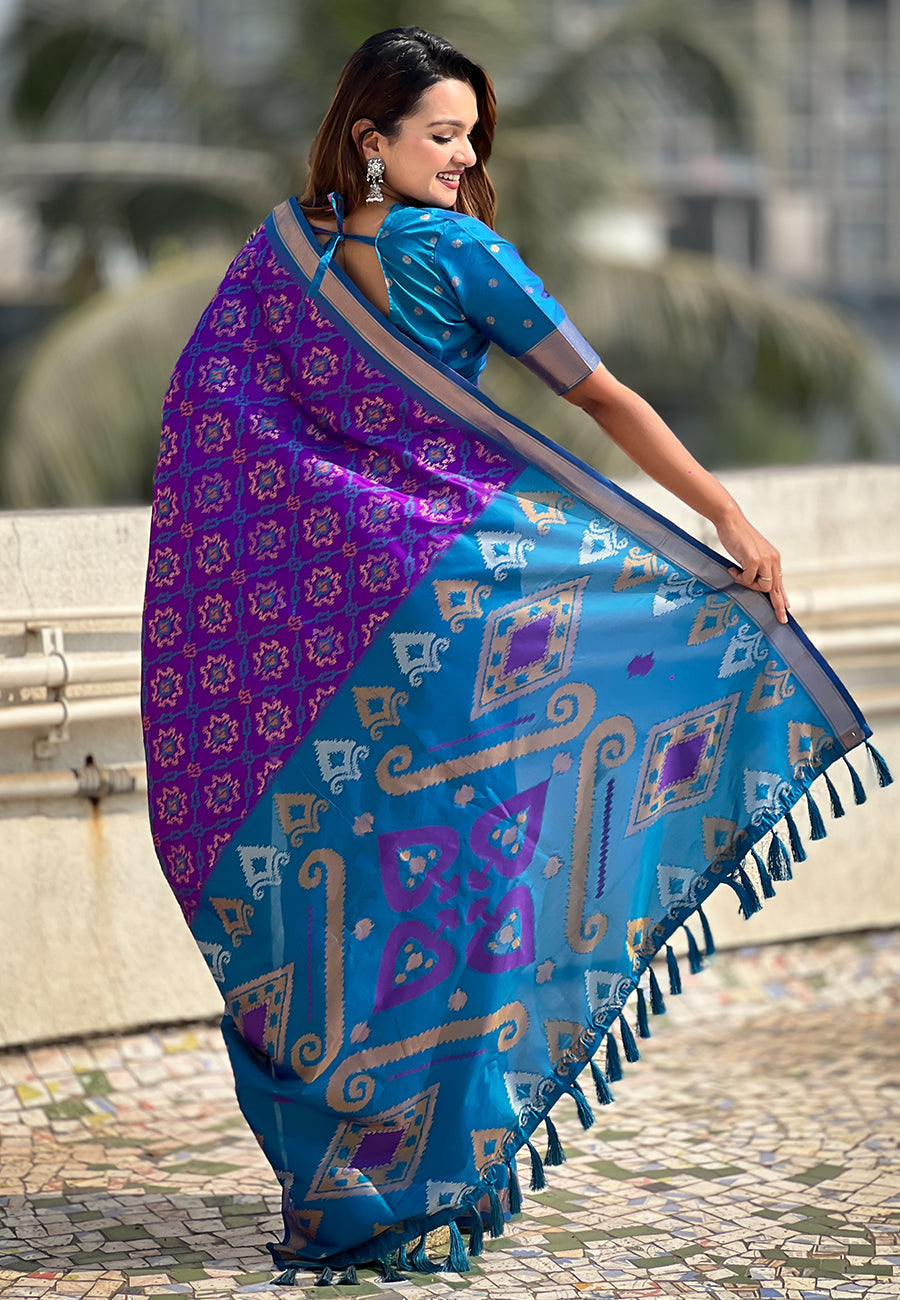 Purple Soft Silk Zari Woven Patola Saree with Contrast Weaves