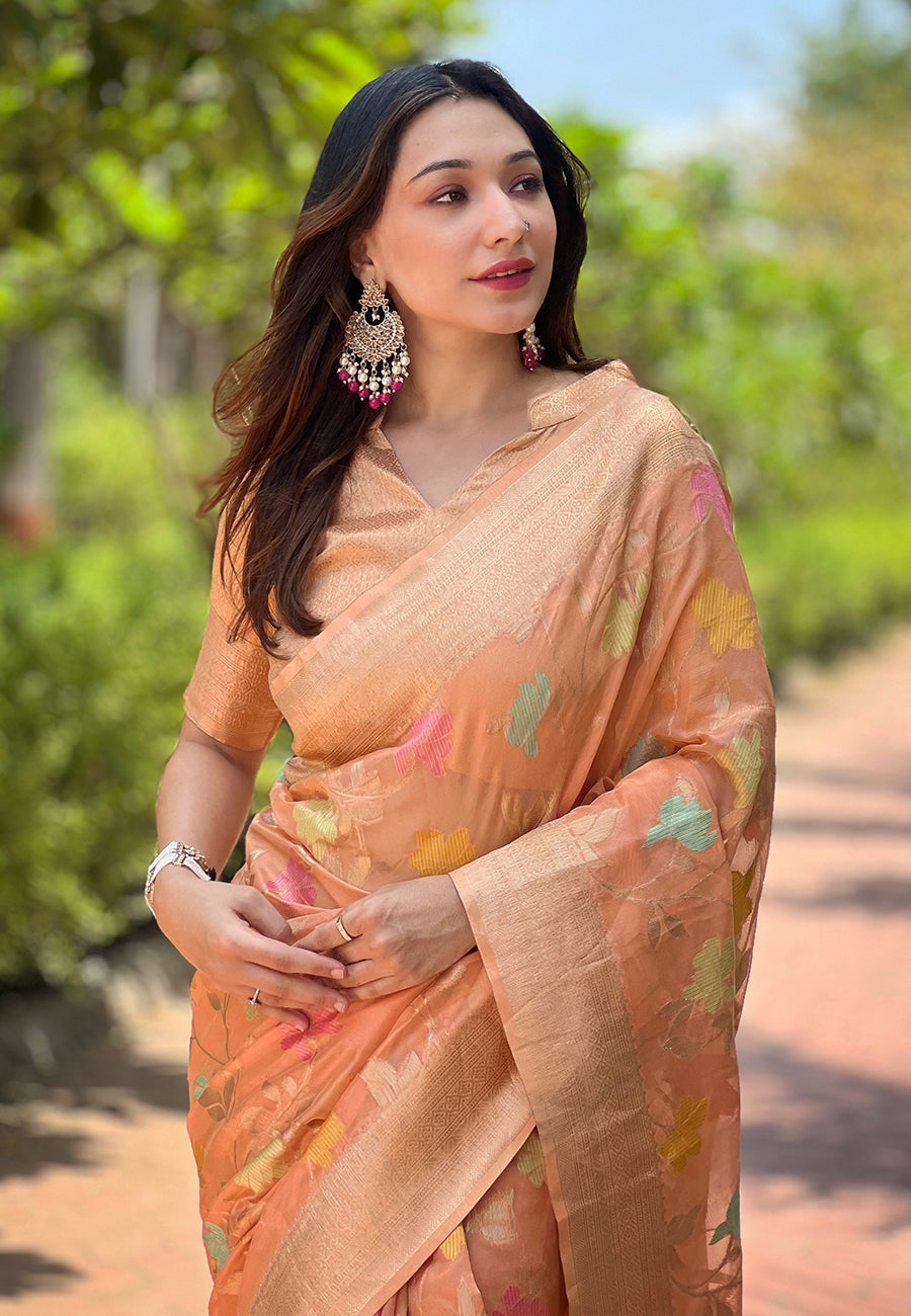 Peach Organza Meenakari Floral Jaal Zari Woven Saree
