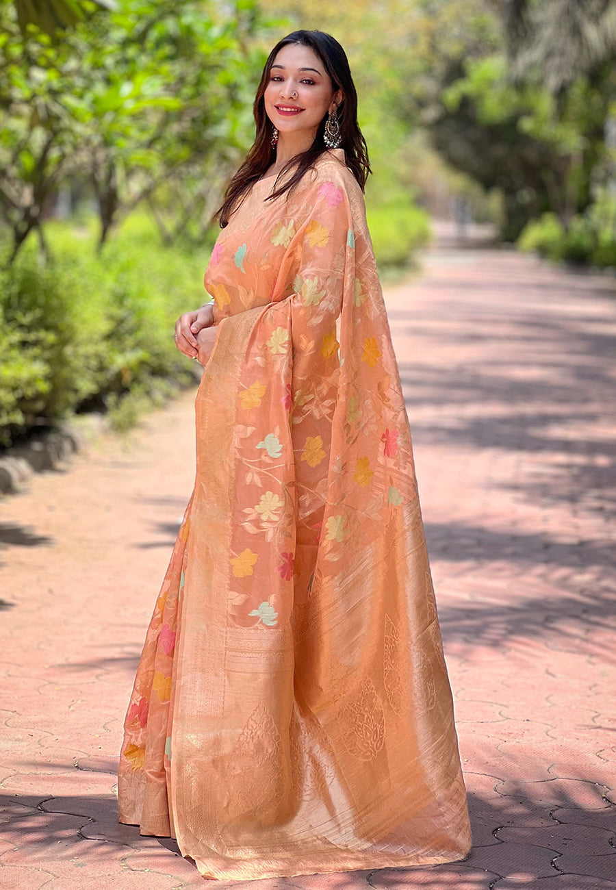 Peach Organza Meenakari Floral Jaal Zari Woven Saree