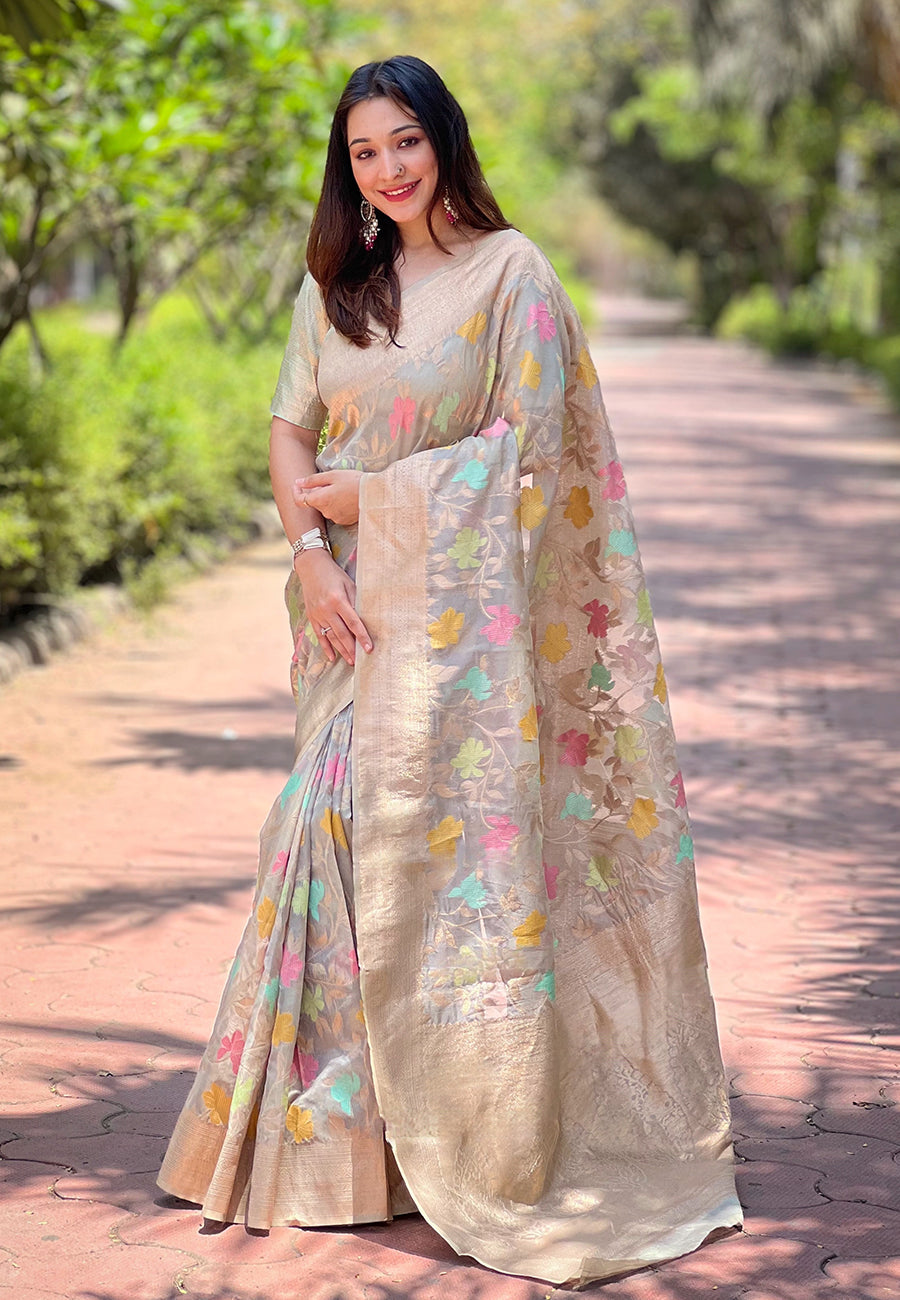 Grey Organza Meenakari Floral Jaal Zari Woven Saree