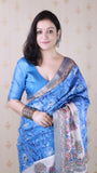 Royal Blue Tussar Silk Floral Madhubani Fusion Printed Saree with Zari Woven Border