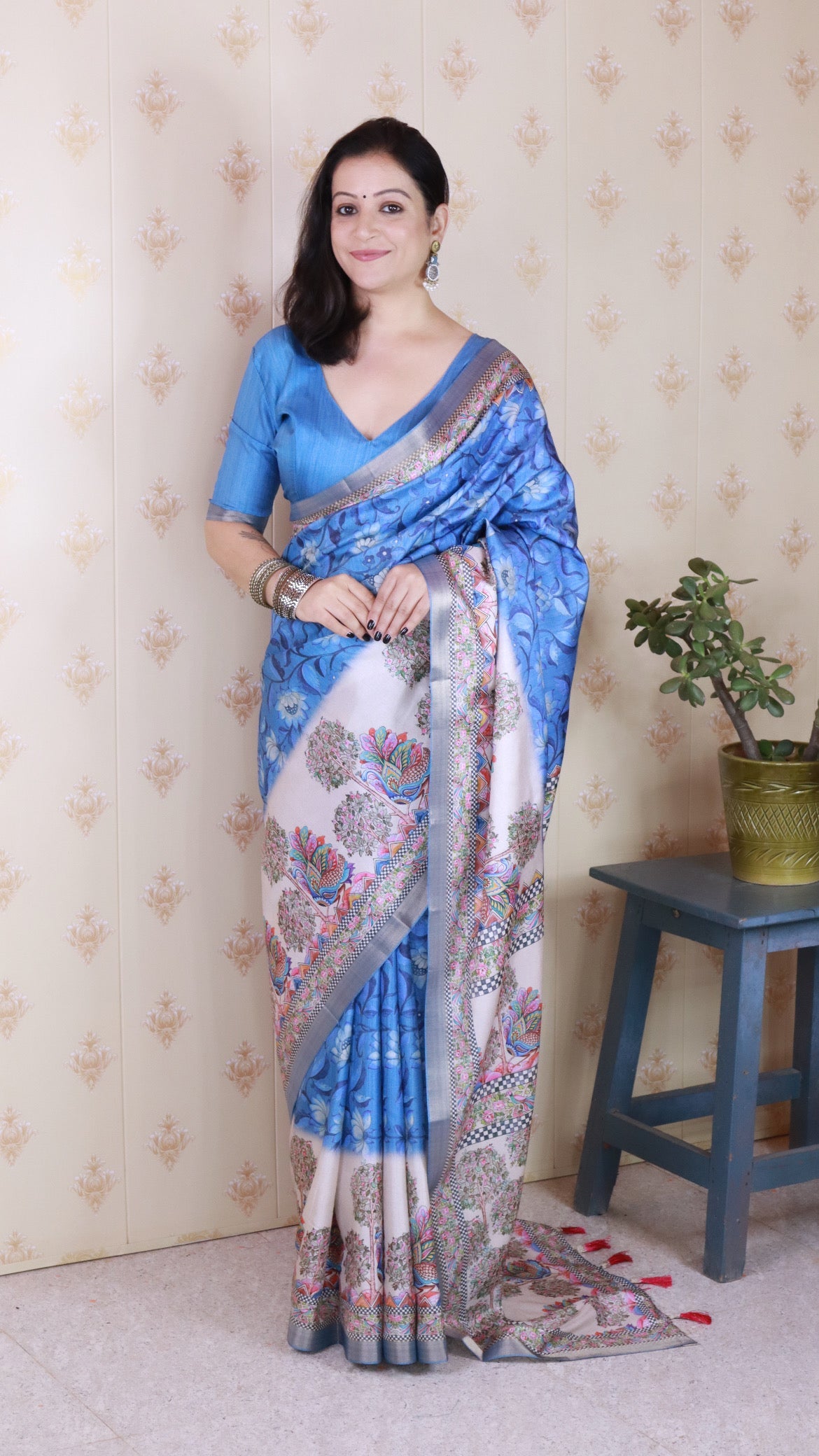 Royal Blue Tussar Silk Floral Madhubani Fusion Printed Saree with Zari Woven Border