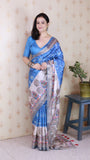 Royal Blue Tussar Silk Floral Madhubani Fusion Printed Saree with Zari Woven Border