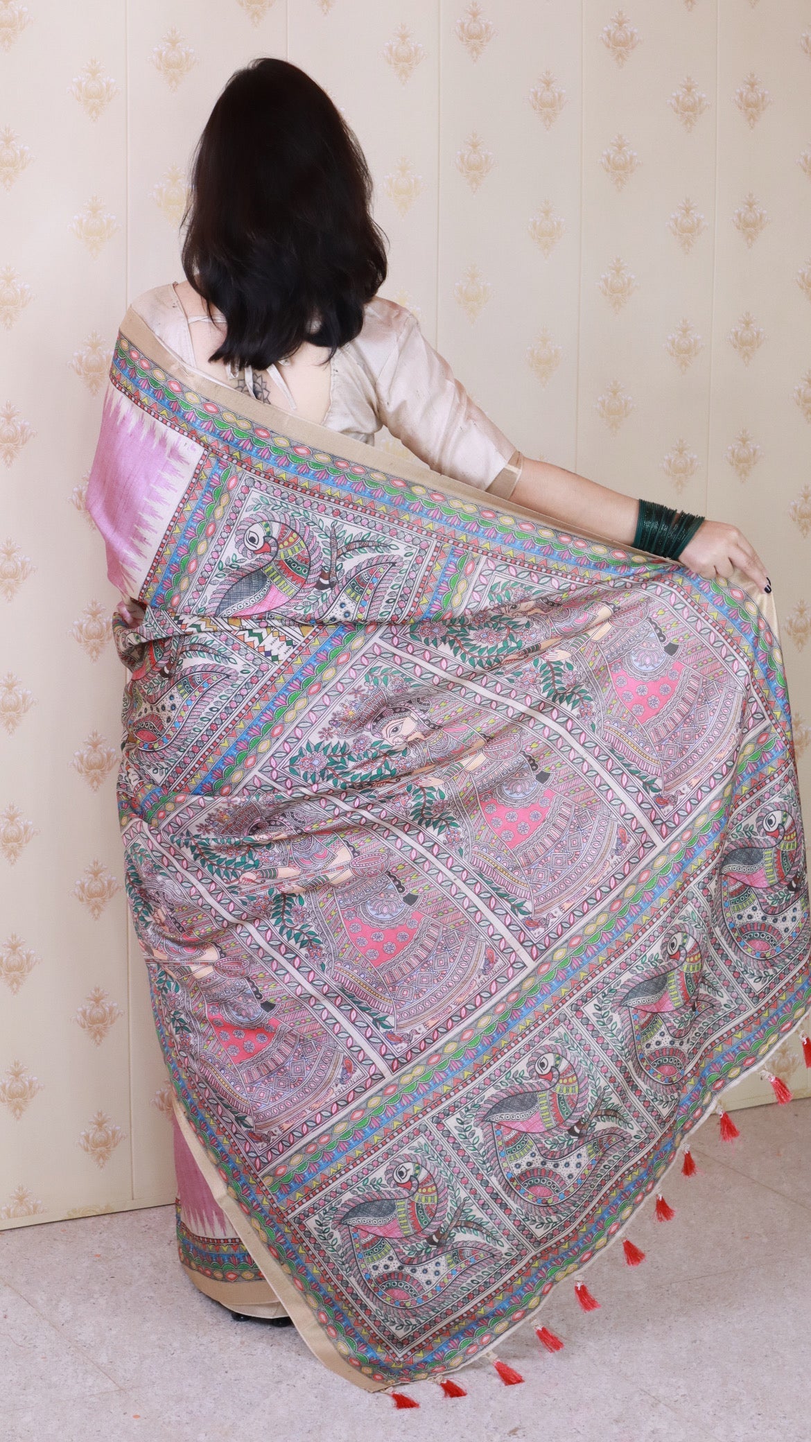 Dusty Pink Tussar Silk Madhubani Printed Saree with Zari Woven Border
