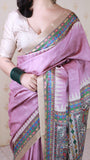 Dusty Pink Tussar Silk Madhubani Printed Saree with Zari Woven Border