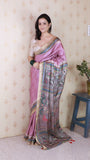 Dusty Pink Tussar Silk Madhubani Printed Saree with Zari Woven Border