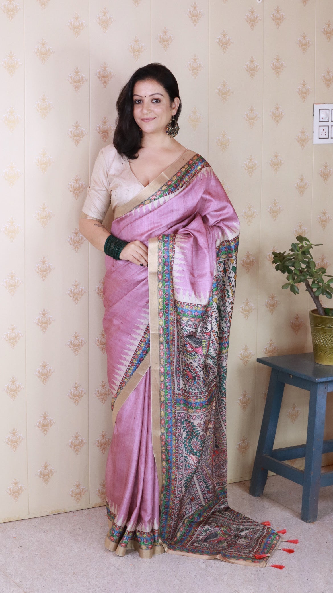 Dusty Pink Tussar Silk Madhubani Printed Saree with Zari Woven Border