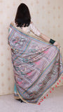 Sea Green Tussar Silk Madhubani Printed Saree with Zari Woven Border