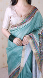 Sea Green Tussar Silk Madhubani Printed Saree with Zari Woven Border