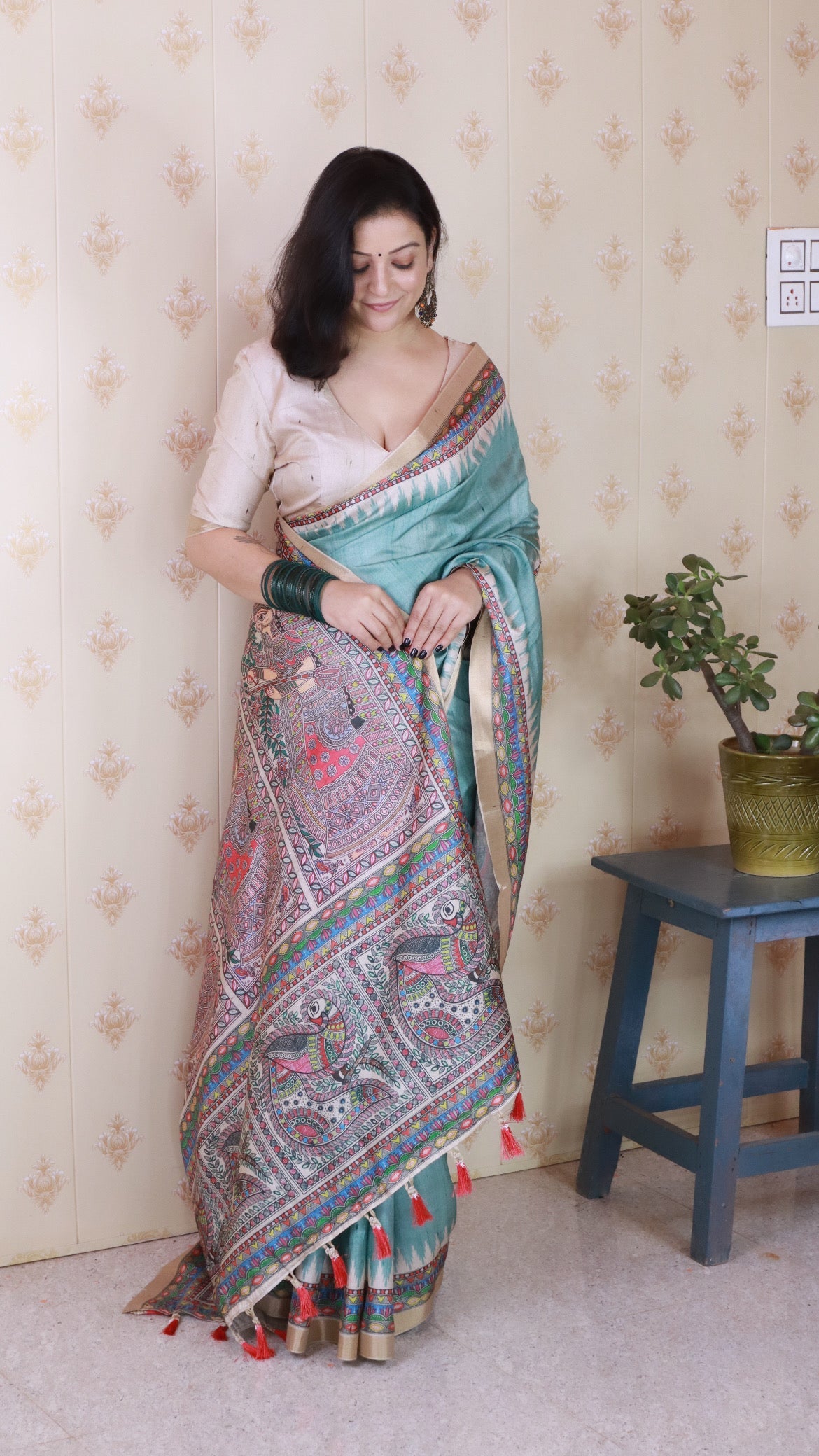 Sea Green Tussar Silk Madhubani Printed Saree with Zari Woven Border