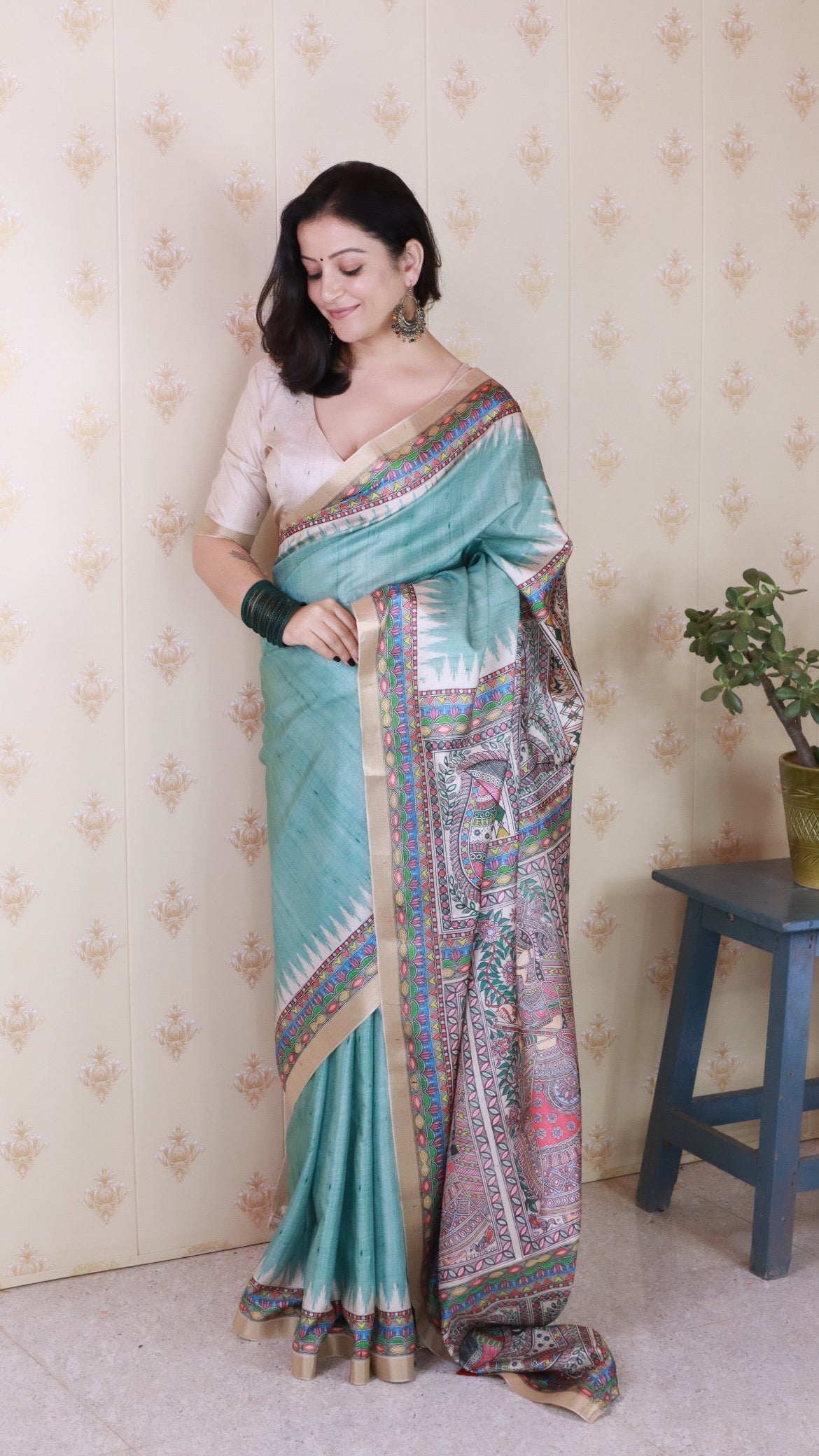 Sea Green Tussar Silk Madhubani Printed Saree with Zari Woven Border