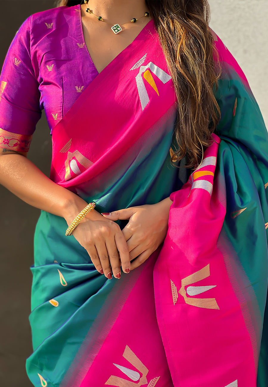 Green South Traditional Tilak Contrast Soft Silk Zari Woven Saree