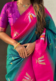 Green South Traditional Tilak Contrast Soft Silk Zari Woven Saree