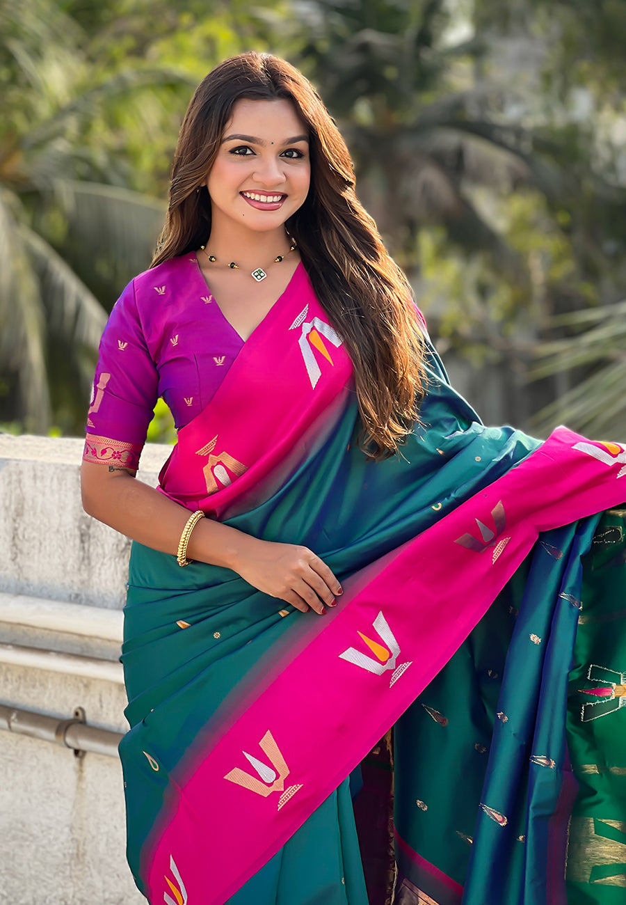 Green South Traditional Tilak Contrast Soft Silk Zari Woven Saree