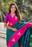 Green South Traditional Tilak Contrast Soft Silk Zari Woven Saree