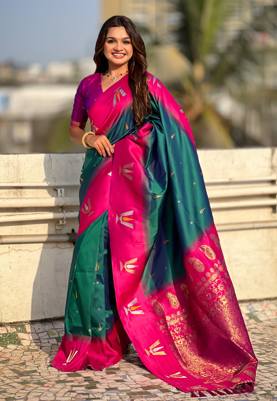 Green South Traditional Tilak Contrast Soft Silk Zari Woven Saree