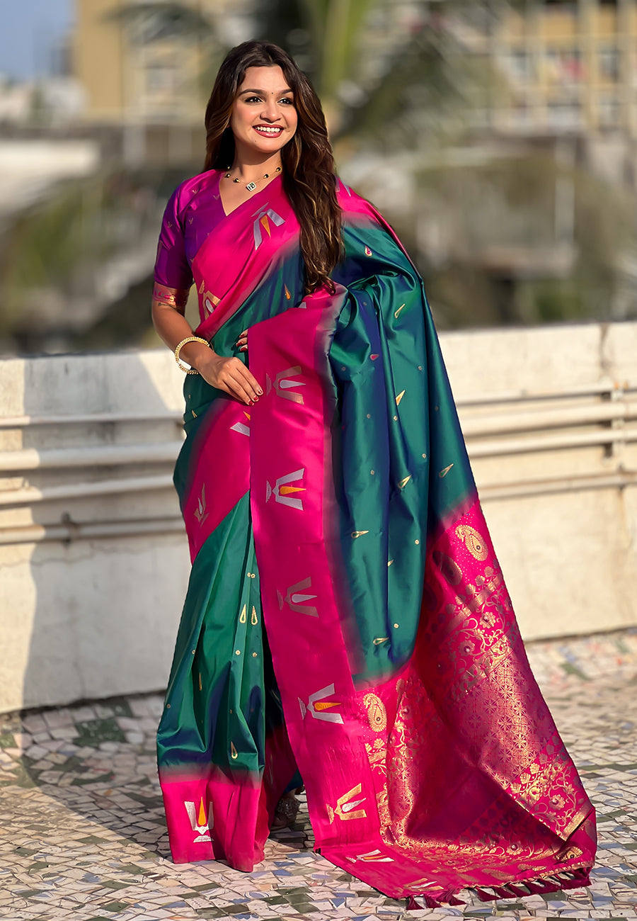 Green South Traditional Tilak Contrast Soft Silk Zari Woven Saree