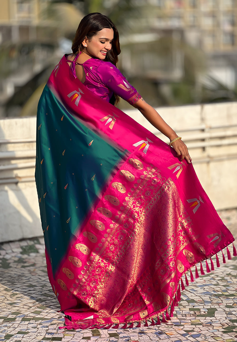 Green South Traditional Tilak Contrast Soft Silk Zari Woven Saree