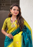 Sea Blue South Traditional Tilak Contrast Soft Silk Zari Woven Saree