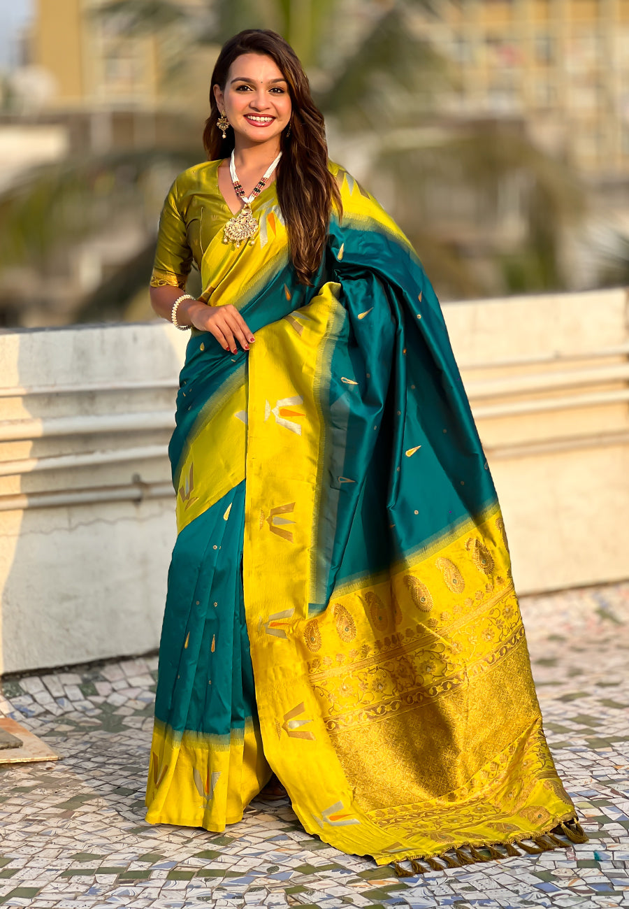 Sea Blue South Traditional Tilak Contrast Soft Silk Zari Woven Saree
