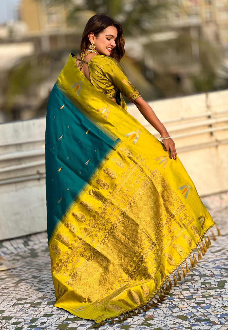 Sea Blue South Traditional Tilak Contrast Soft Silk Zari Woven Saree