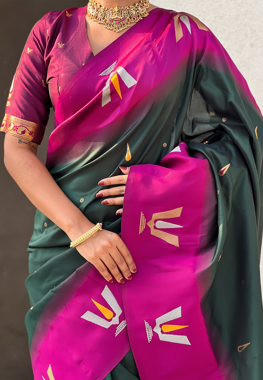 Bottle Green South Traditional Tilak Contrast Soft Silk Zari Woven Saree