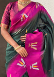 Bottle Green South Traditional Tilak Contrast Soft Silk Zari Woven Saree