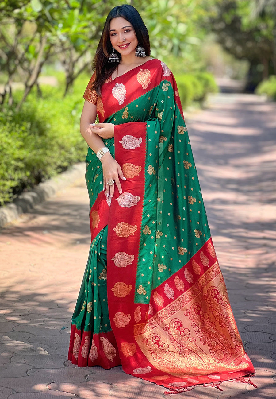 Green Soft Silk Contrast Zari Woven Saree