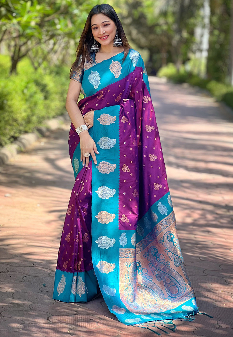 Purple Soft Silk Contrast Zari Woven Saree