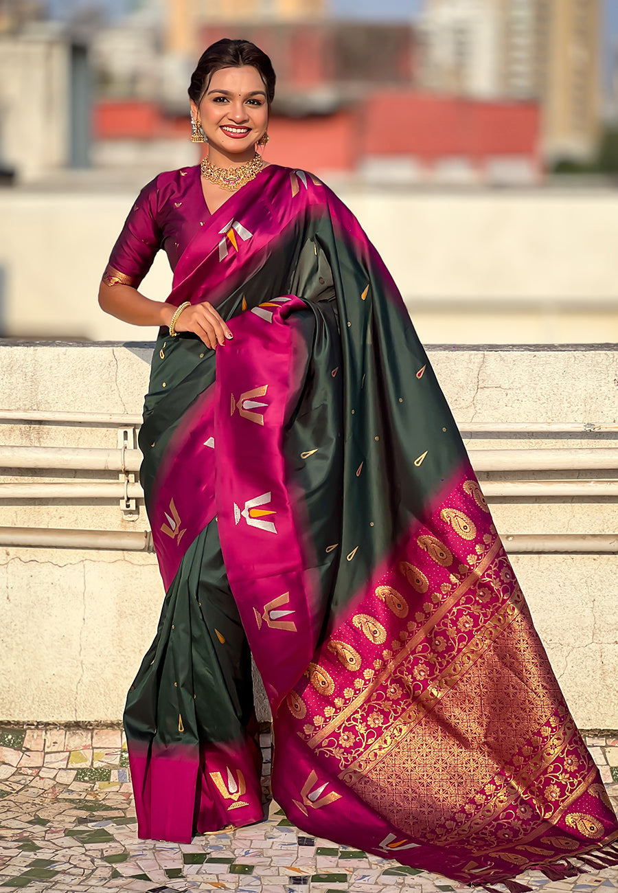 Bottle Green South Traditional Tilak Contrast Soft Silk Zari Woven Saree