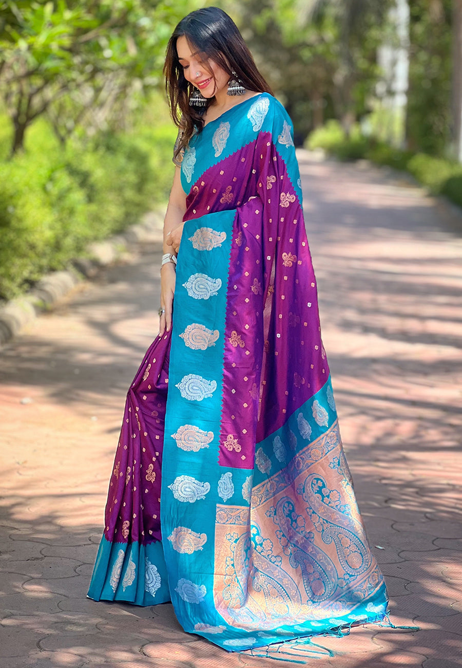 Purple Soft Silk Contrast Zari Woven Saree