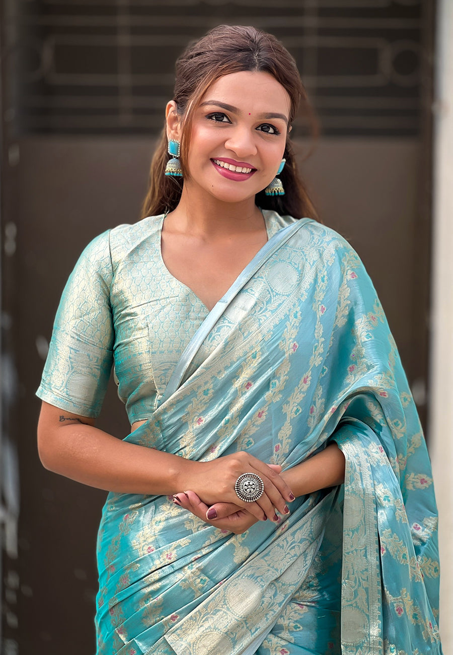 Sky Blue Kanjivaram Soft Tissue Silk Leheriya Traditional Zari Woven Saree