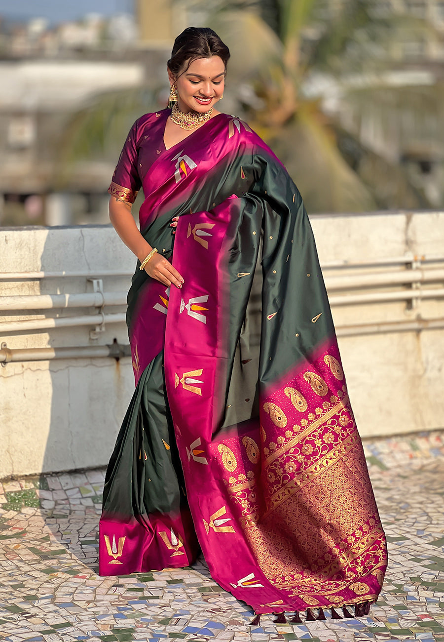Bottle Green South Traditional Tilak Contrast Soft Silk Zari Woven Saree