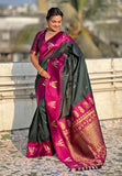 Bottle Green South Traditional Tilak Contrast Soft Silk Zari Woven Saree