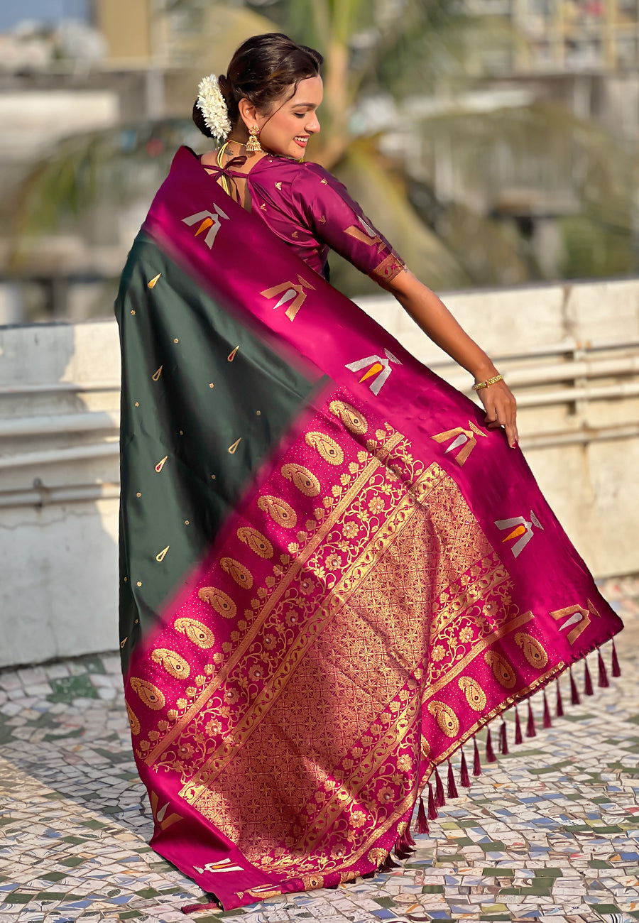 Bottle Green South Traditional Tilak Contrast Soft Silk Zari Woven Saree