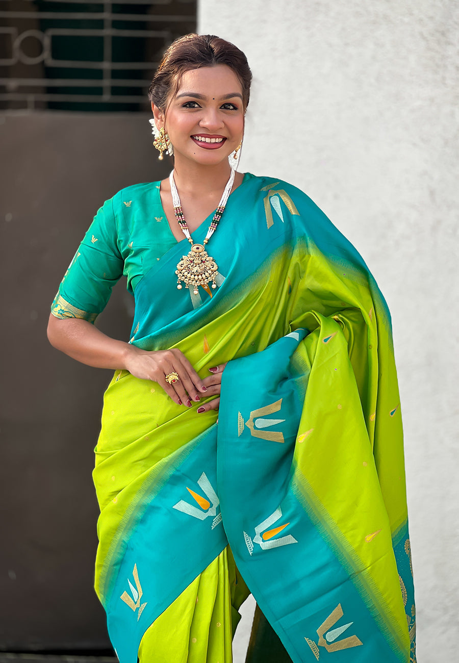 Pista South Traditional Tilak Contrast Soft Silk Zari Woven Saree
