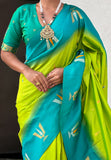 Pista South Traditional Tilak Contrast Soft Silk Zari Woven Saree