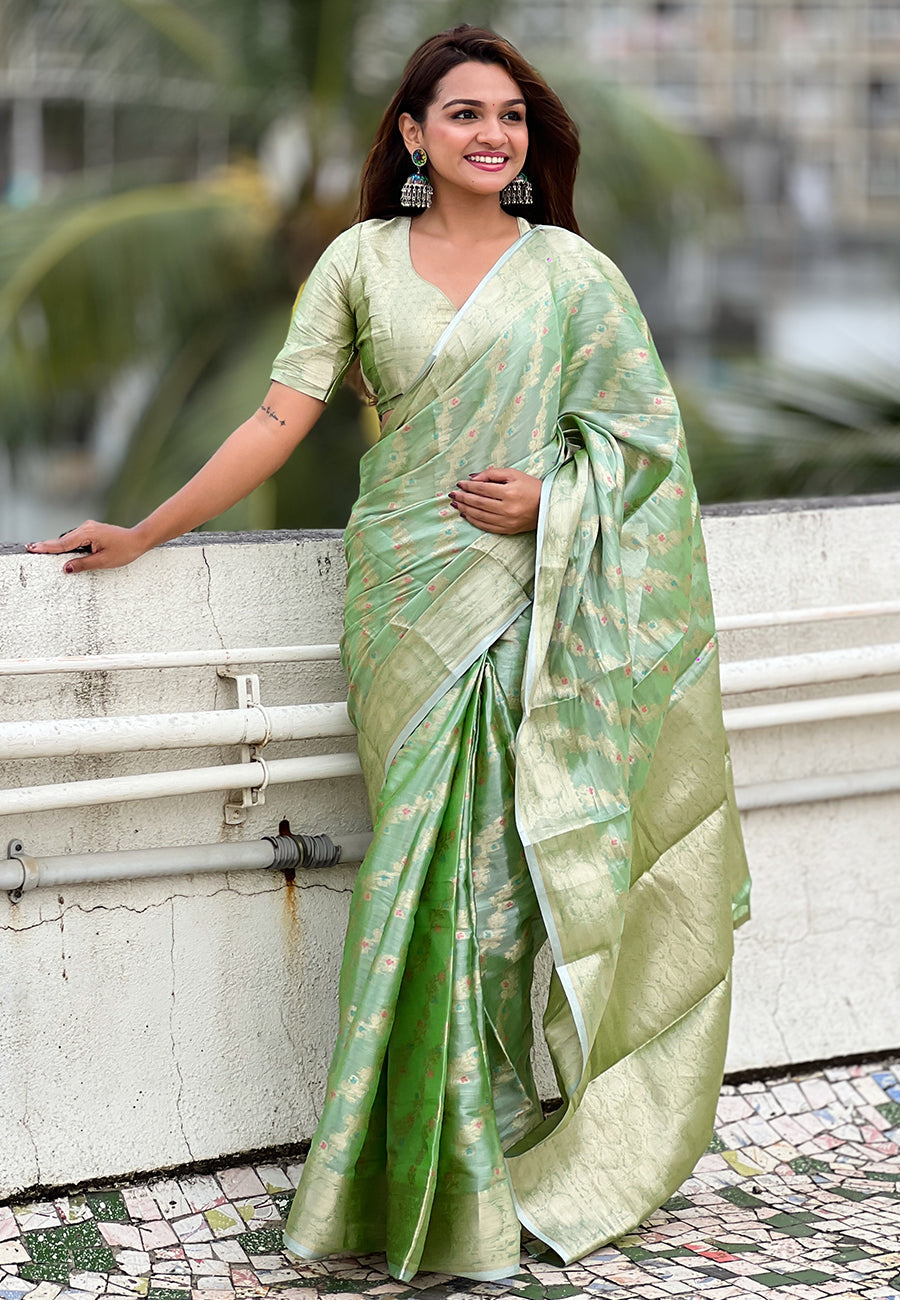 Green Kanjivaram Soft Tissue Silk Leheriya Traditional Zari Woven Saree