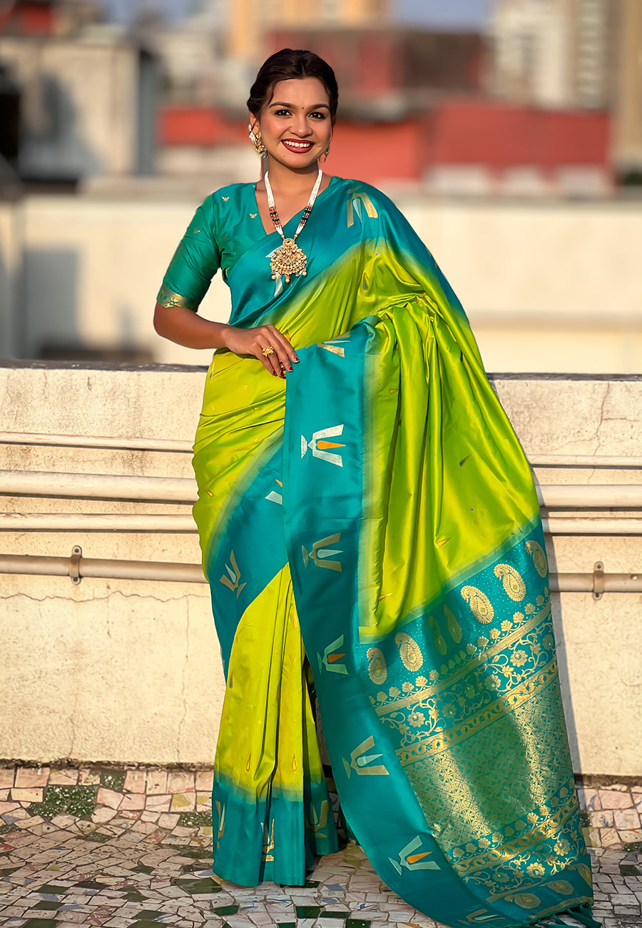 Pista South Traditional Tilak Contrast Soft Silk Zari Woven Saree