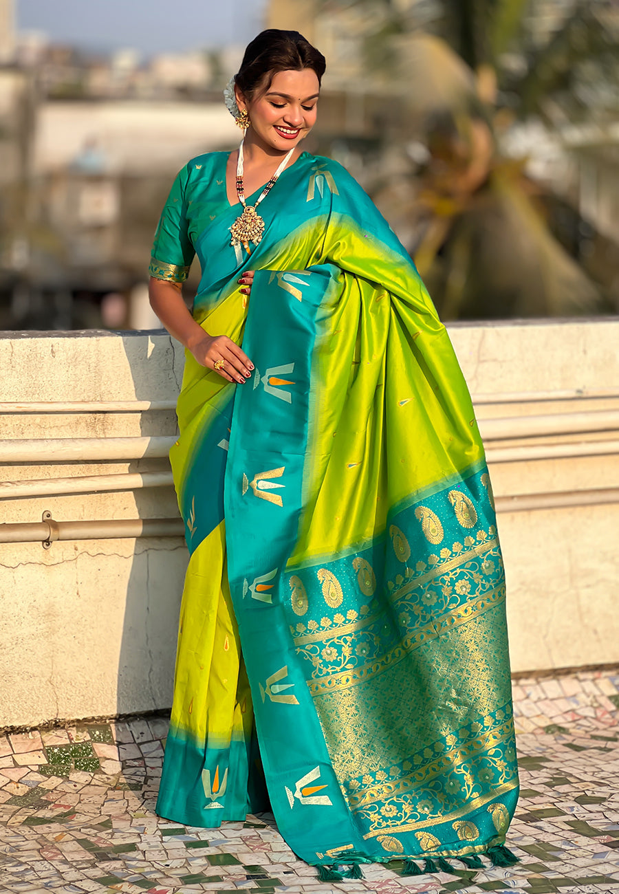 Pista South Traditional Tilak Contrast Soft Silk Zari Woven Saree