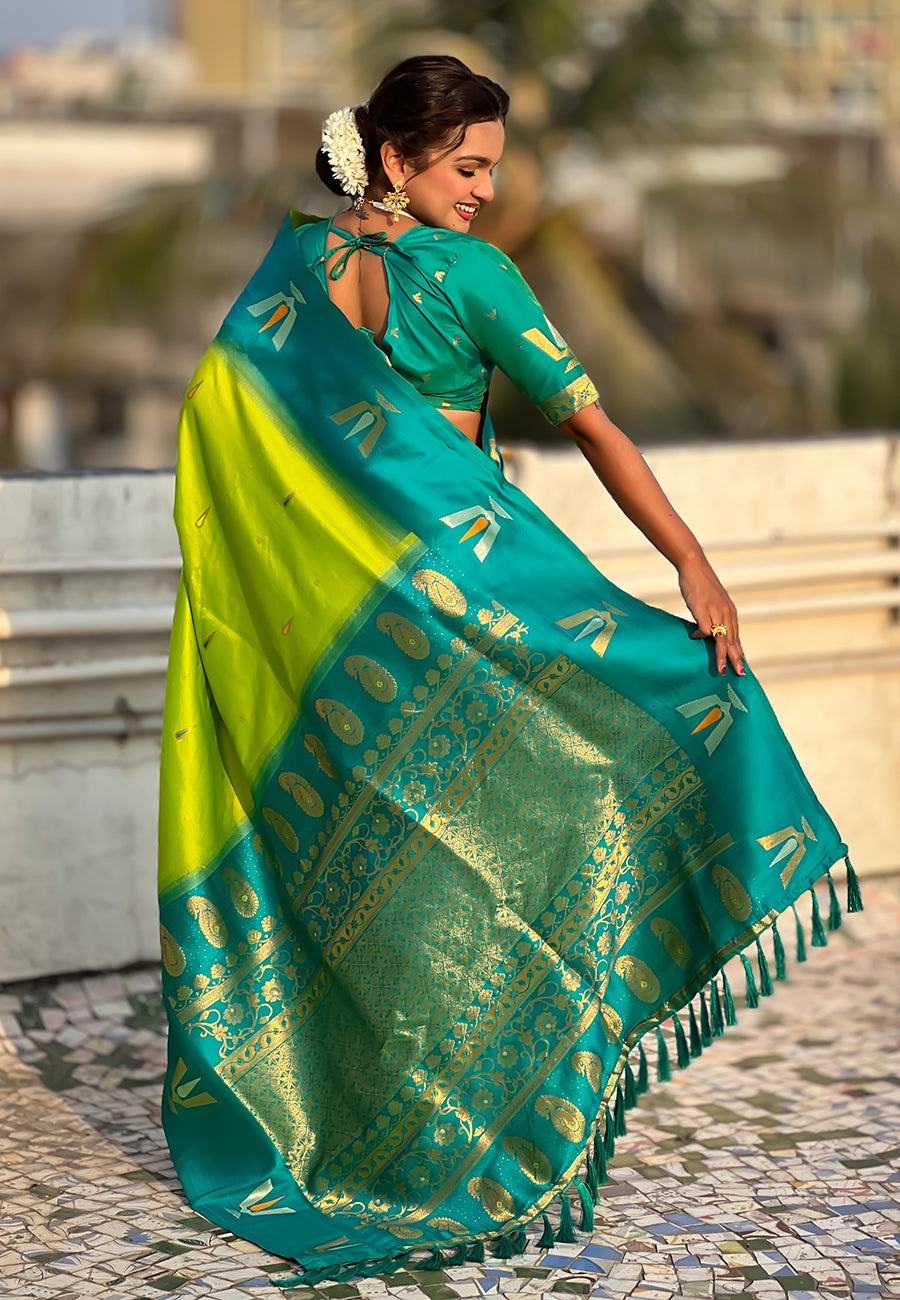 Pista South Traditional Tilak Contrast Soft Silk Zari Woven Saree